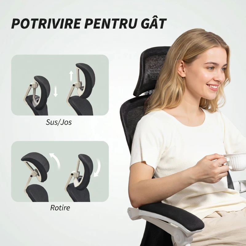 HOMCOM Scaun de Birou Rabatabil 135°, cu Suport pentru Picioare, Suport Lombar, Tetieră, Înălțime Reglabilă, din Plasă, Negru