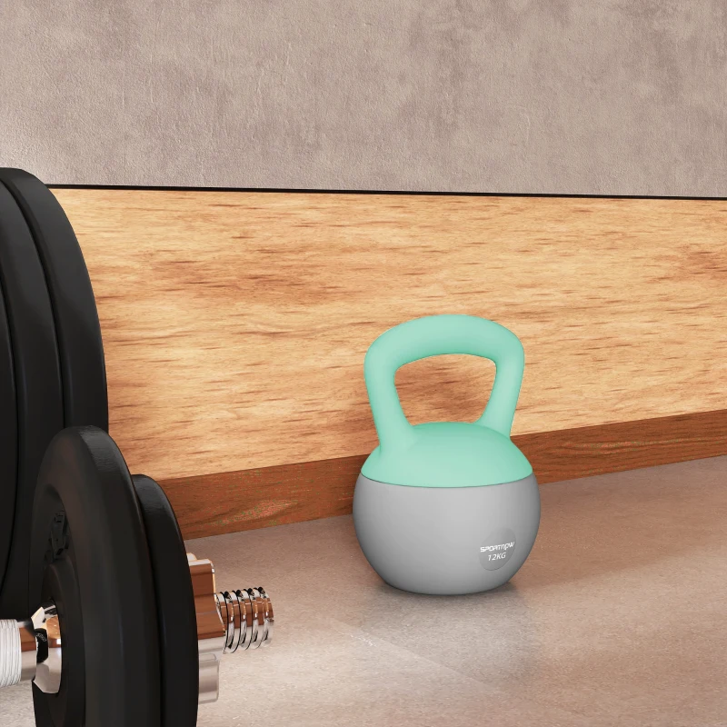 SPORTNOW Pesa Rusa 12 kg Kettlebell Relleno de Arena Metálica Mango Antideslizante para Entreno en Casa 21x21x30 cm Verde y Gris