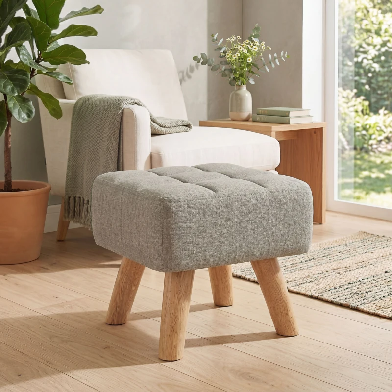 HOMCOM Linen-Look Square Padded Footstool - Light Brown