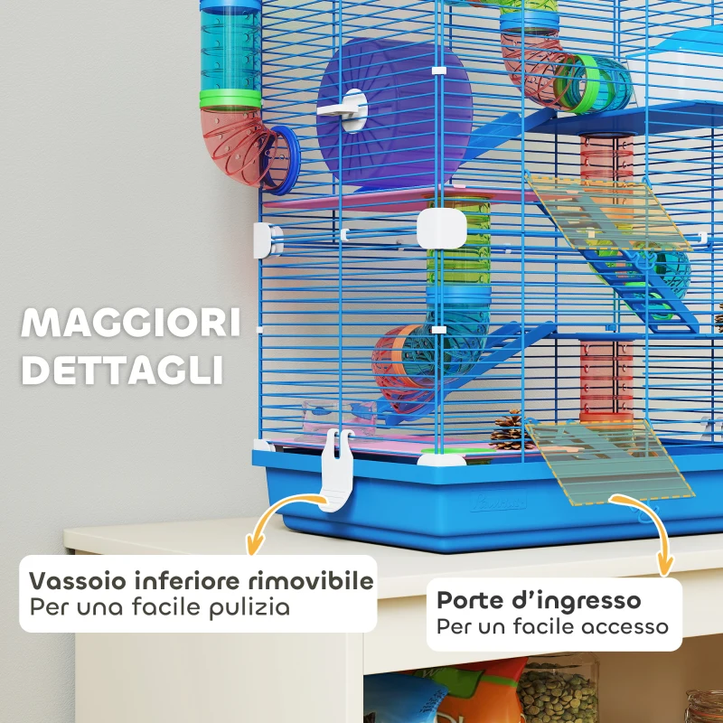 PawHut Gabbia per Criceti a 5 Livelli con Tubi, Ruota, Scale, Casetta e Bottiglia, 46x30x58 cm