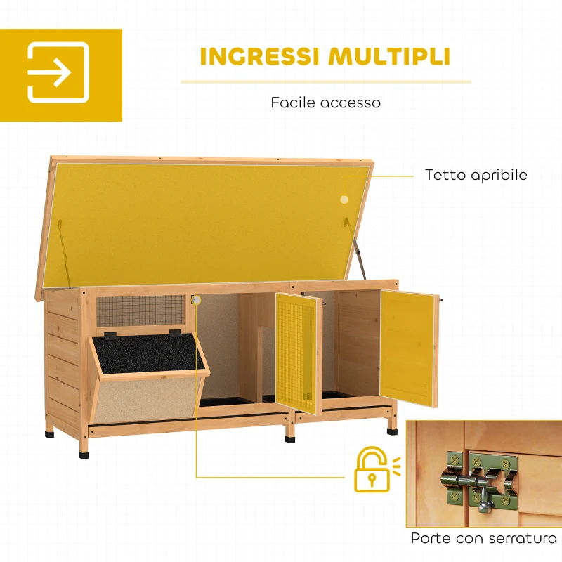 PawHut Conigliera in Legno da Esterno con Tetto in Asfalto, Casetta, Vassoi e Mangiatoia, 112x50x54 cm, Giallo