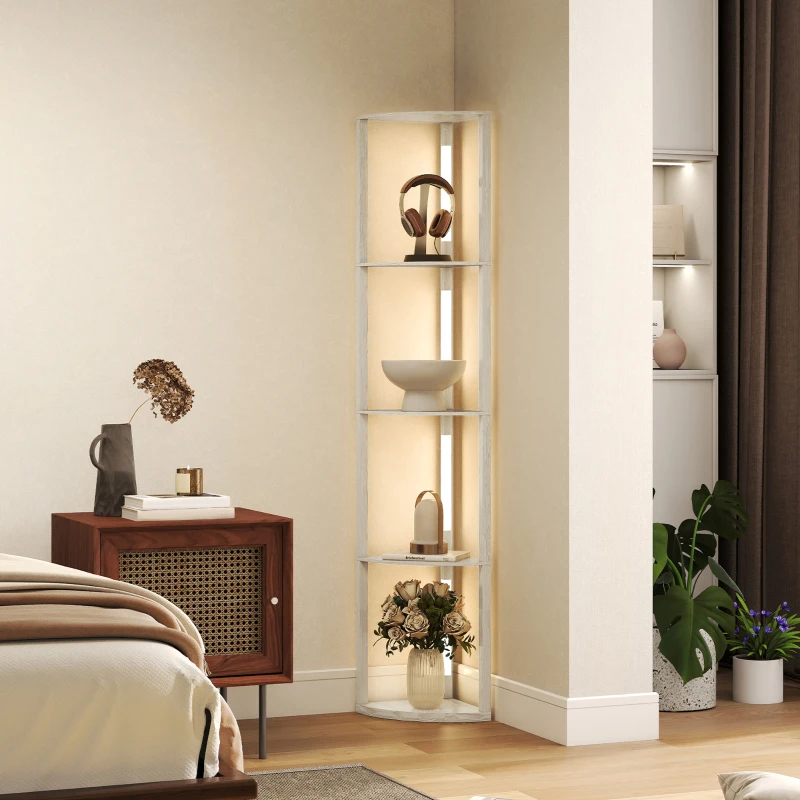 HOMCOM Lampadar Podea LED, 4 Rafturi, Lumină Reglabilă 3000K, MDF, 41x29,5x163,5 cm, Stejar