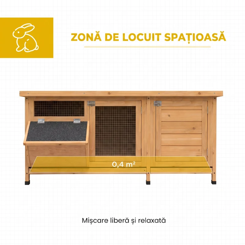 PawHut Cușcă din Lemn pentru Iepuri de Exterior cu Acoperiș din Asfalt, Căsuță, Tăvițe și Hrănitor, 112x50x54 cm, Galbenă
