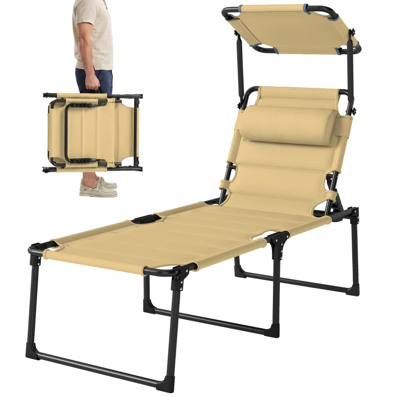 Outsunny Tumbona de Jardín con Toldo Ajustable Respaldo Regulable en 4 Niveles Reposacabezas para Terraza 70x200x45 cm Crema