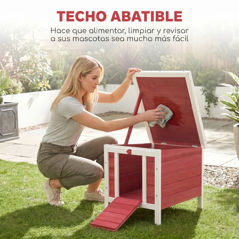 PawHut Conejera de Madera Exterior Jaula Caseta para Roedores Mascotas Pequeñas con Techo Asfáltico Se Puede Abrir y Rampa Antideslizante 42x51x43 cm Rojo