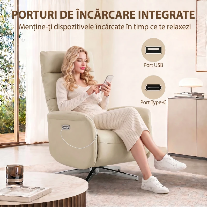 HOMCOM Fotoliu Reclinabil Electric, Rotativ, cu Suport pentru Picioare, USB, Bej
