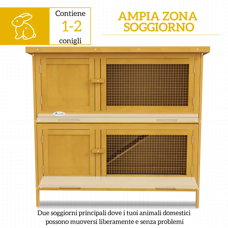 PawHut Conigliera a 2 Livelli in Legno di Abete e Bitume con Rampa, 2 Vassoi Estraibili 4 Porte, 97x44x91 cm, Giallo