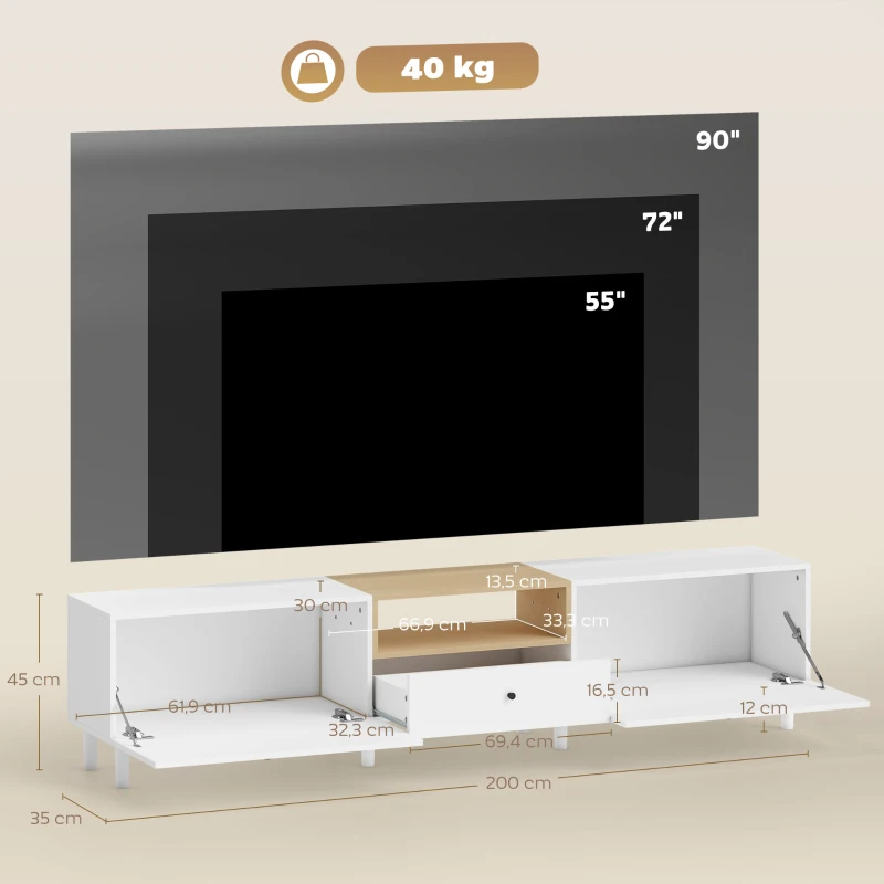 HOMCOM 200 cm TV-Kommode für Fernseher bis zu 90 Zoll, 2 Klappenfächer, offenes Fach, Schublade, 8 Beine, Spanplatte, Weiß