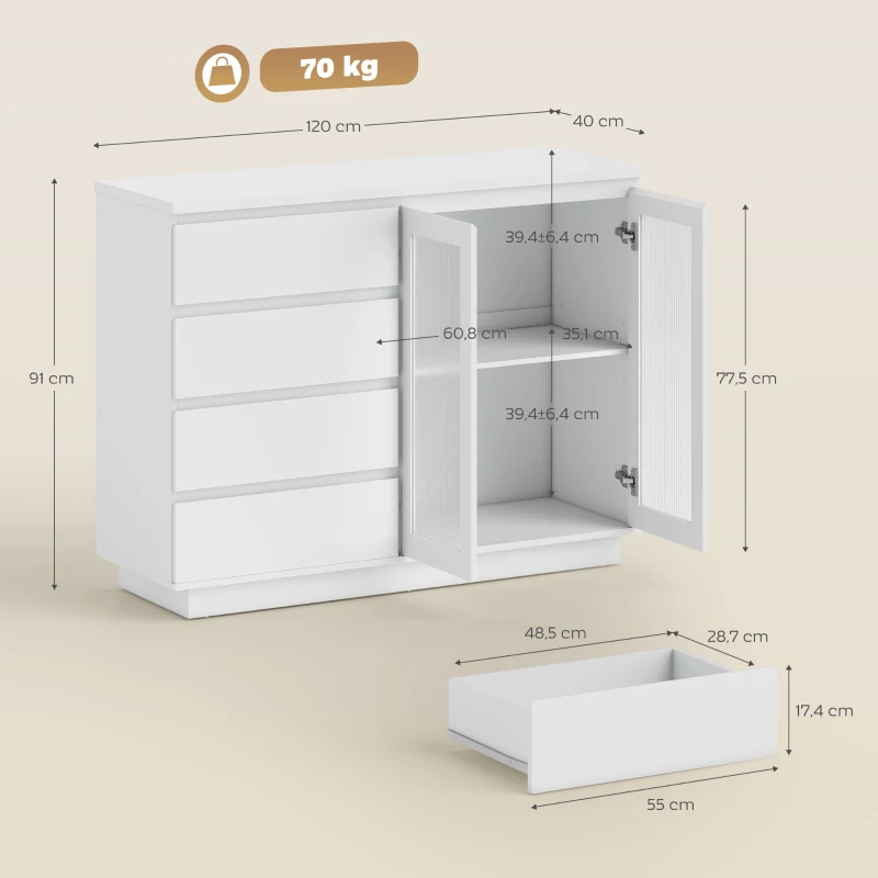 HOMCOM Buffetschrank, Sideboard mit 4 Schubladen, 2 Glastüren, modernes Design, MDF, Weiß