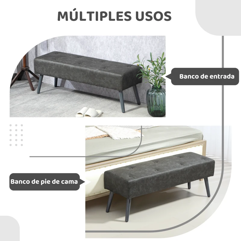 HOMCOM Banco de Pie de Cama Banqueta de dormitorio con Patas de Madera y Asiento Acolchado 114x38x42 cm Gris