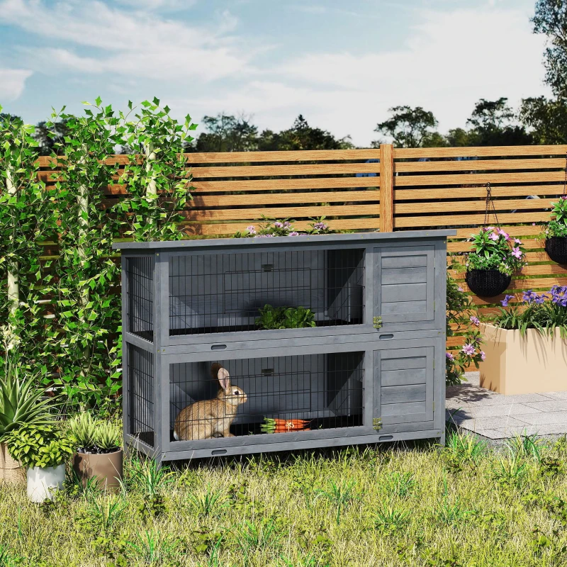 PawHut Rabbit Hutch Outdoor Guinea Pig Hutch Bunny Cage with No-Leak Trays, Divider, 136 x 50 x 93cm, Grey