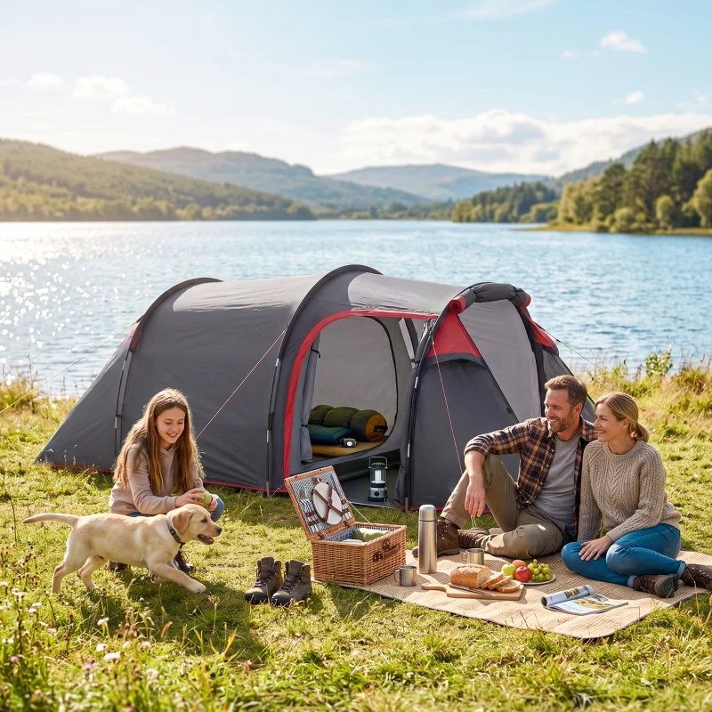 Outsunny Tienda de Campaña Familiar 2 Personas Plegable Impermeable a Prueba de UV 20+ con Vestíbulo 426x206x154 cm Gris Oscuro