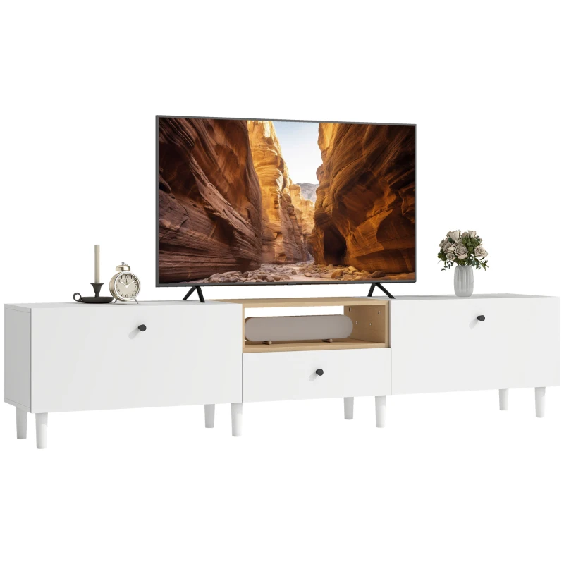 HOMCOM 200 cm TV-Kommode für Fernseher bis zu 90 Zoll, 2 Klappenfächer, offenes Fach, Schublade, 8 Beine, Spanplatte, Weiß