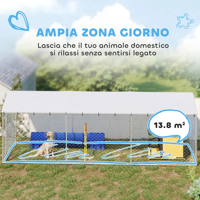 PawHut Recinto per Cani da Esterno con Rete Zincata e Serratura, in Acciaio e Tessuto Oxford, 6x2.3x2 m, Argento