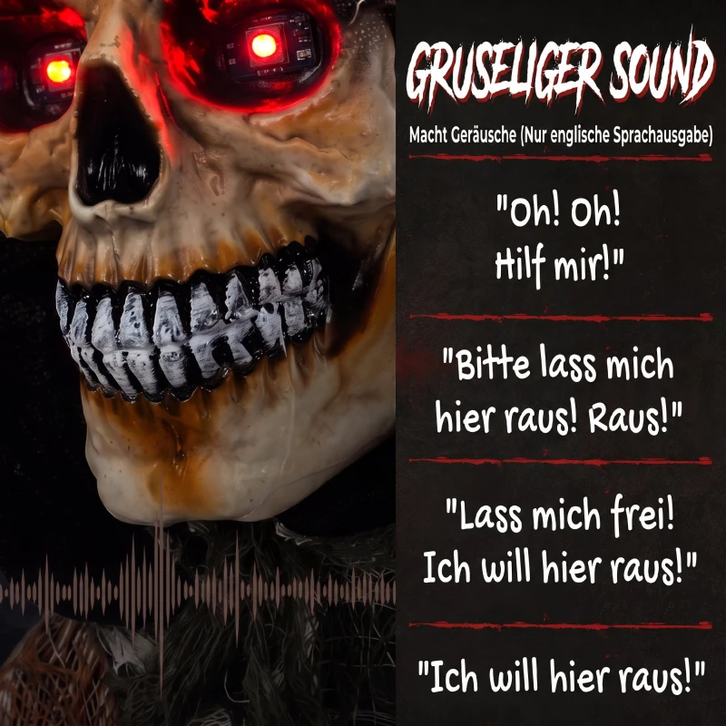 HOMCOM Animierter Sensenmann, 170 cm, lebensgroße Halloween-Animatronic mit beweglichen Händen/Kopf, leuchtenden Augen und Gruselsound
