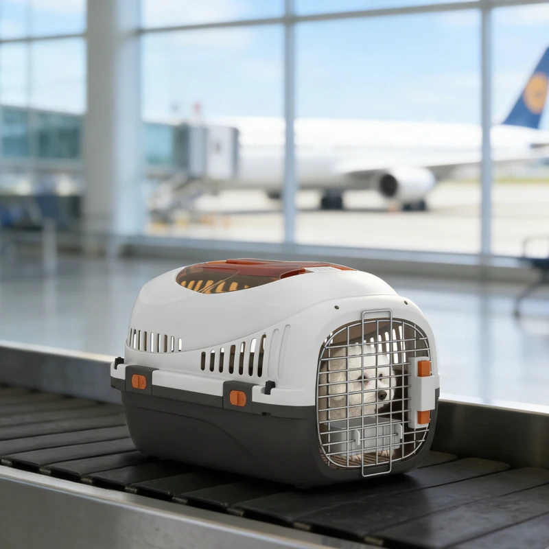 PawHut Plastic Pet Carrier Hard Shell Dog Cat Carrier Max 4 KG Steel Door Feed Bowl Secure Lock 49 x 32 x 31 cm