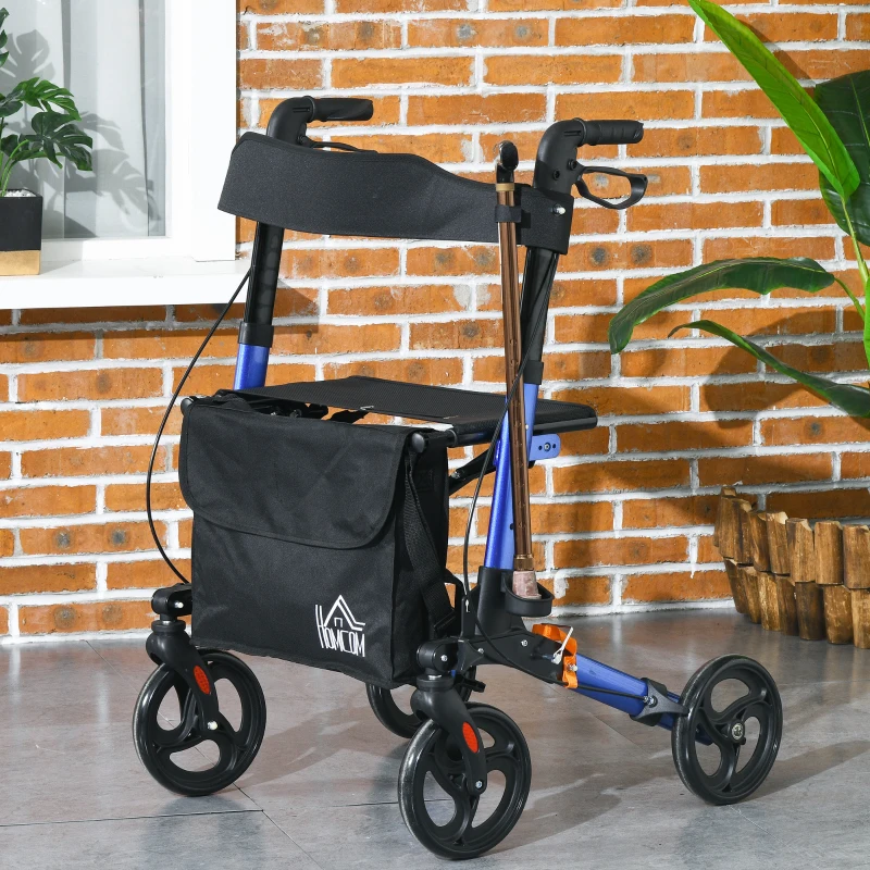HOMCOM 4 Wheel Rollator with Seat and Back, Folding Mobility Walker with Carry Bag, Adjustable Height, Dual Brakes, Cane Holder, Lightweight Aluminium Walking Frame for Seniors and Disabled, Blue
