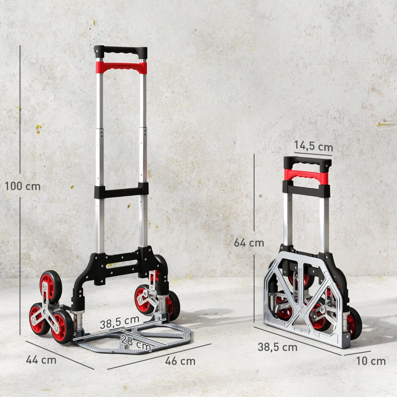HOMCOM Faltbarer Treppensteiger-Trolley, 6-Rad-System, trägt 70 kg, Aluminium, Rot