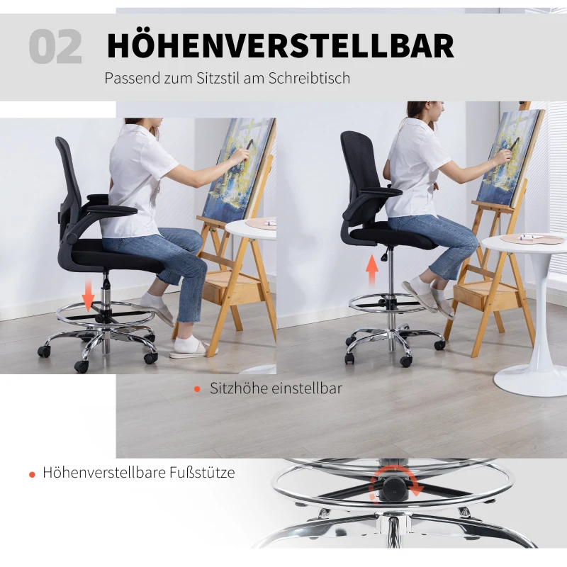 HOMCOM Zeichenstuhl mit Lendenstütze, höhenverstellbar, drehbar, für Homeoffice, Studio, Kunstprojekte, Schwarz