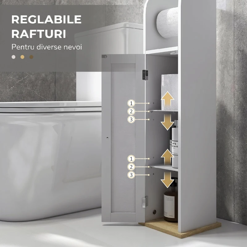 kleankin Dulap Baie Slim cu Suport Hârtie Igienică pentru Spălătorie, Modern, Rafturi Reglabile, MDF, Alb