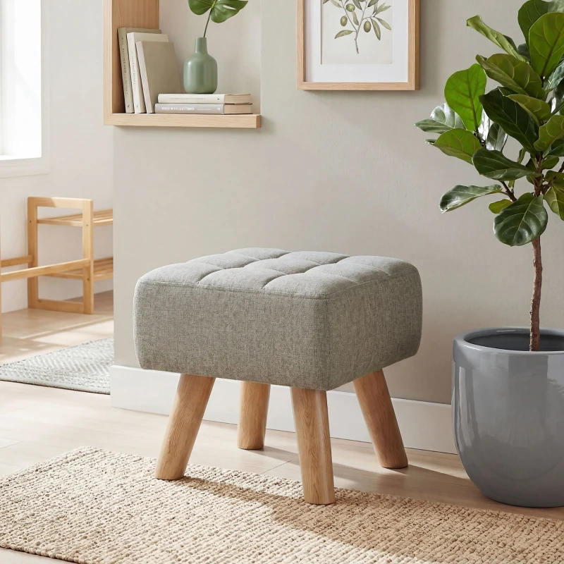 HOMCOM Linen-Look Square Padded Footstool - Light Brown