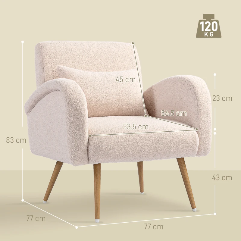 HOMCOM Fotoliu Modern pentru Living din Material Teddy cu Pernă Lombară Detasabilă, 77x77x83 cm, Bej