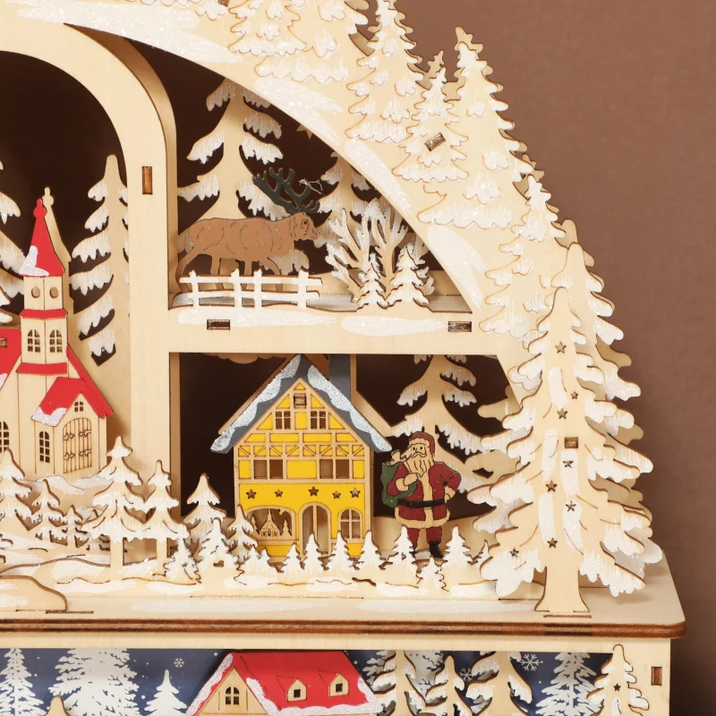 HOMCOM Weihnachtsdorf mit LED-Leuchtung, 45 cm Weihnachtsstadt mit Schneemann, Renntier und Bäume Naturholz