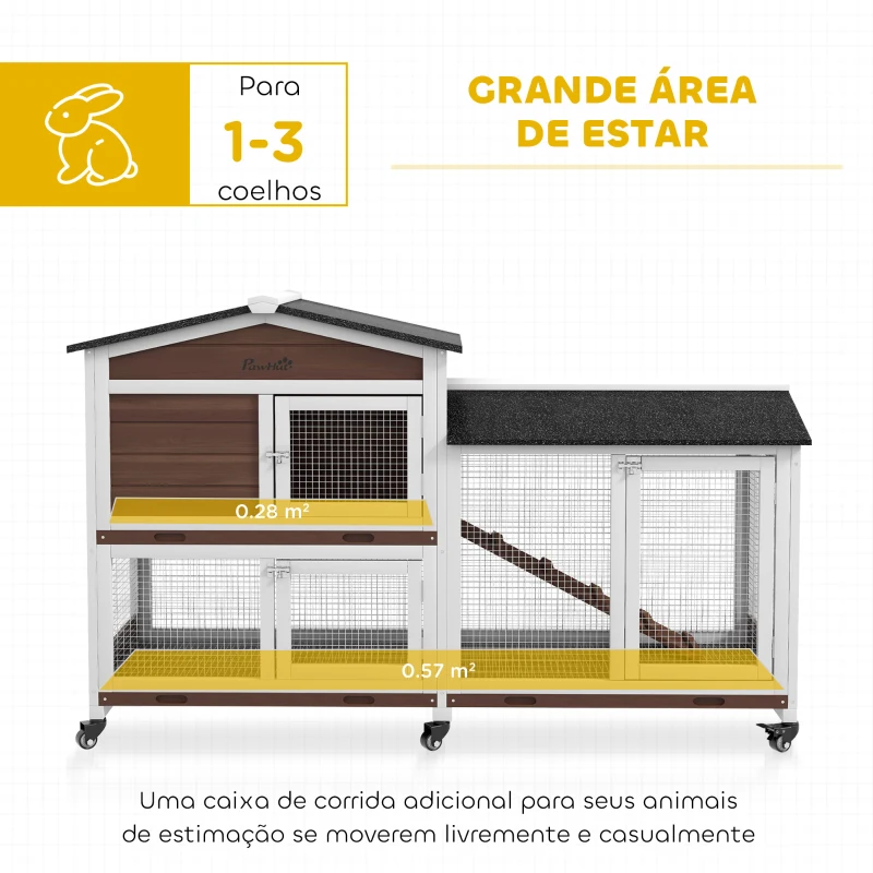 PawHut Casota para Coelhos para Exterior 157,4x53x99,5 cm Gaiola Grande com Rodas, Telhado Asfáltico, Tabuleiros Removíveis e Rampa Castanha