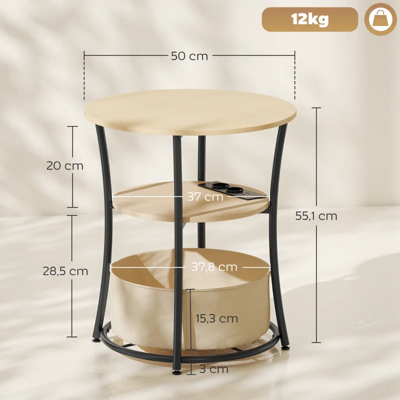 HOMCOM Beistelltisch 3-stufiger Couchtisch mit Ladestation, Stoff-Aufbewahrungstasche, Ablage, 50x50x55,1 cm Naturholz