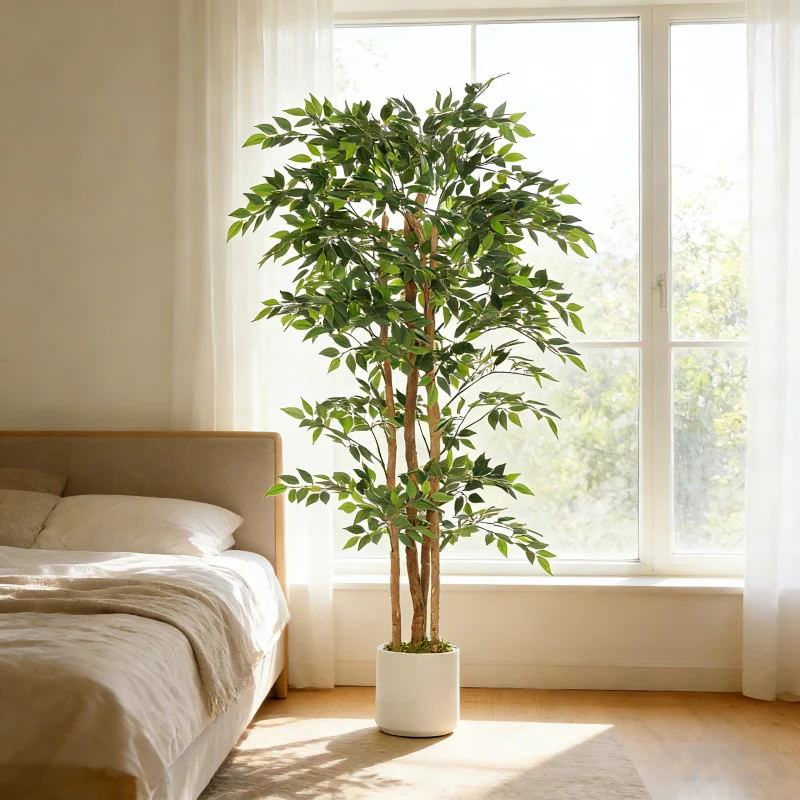 HOMCOM Plantă Artificială Ficus Banyan din Peva și Lemn, cu Ramuri Flexibile și Ghiveci din PP și Ciment, Verde