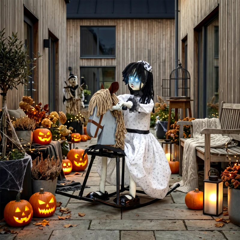 HOMCOM Animiertes Halloween-Mädchen auf Schaukelpferd mit gruseligen Reimen, leuchtenden Augen und Sound-/Touch-Aktivierung