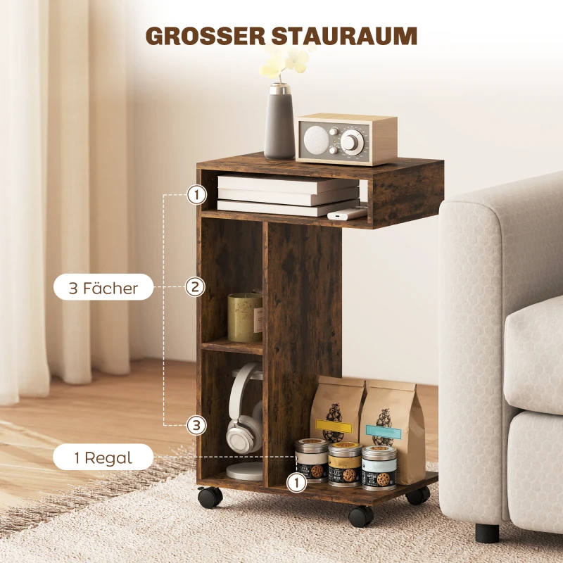 HOMCOM Beistelltisch, C-förmiger Servierwagen, 4 Rollen, 3 Fächer, 40 x 30 x 69 cm, Rustikal-Braun
