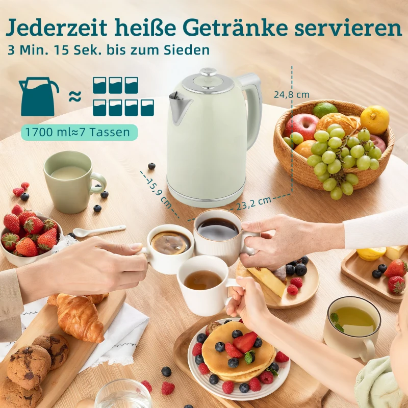 HOMCOM Wasserkocher- und Toaster-Set, LED-Anzeige, 1,7 Liter, 2200W, Retro-Design, Memory-Funktion, Grau