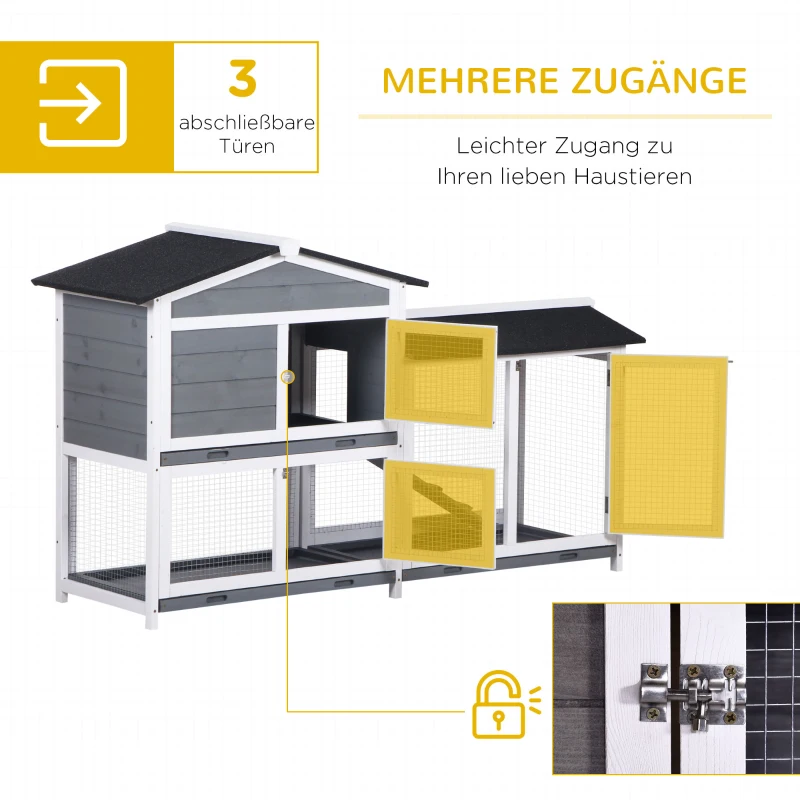 PawHut Hasenstall Kaninchenstall mit Freilaufgehege Rampe Kleintierstall aus Holz mit 2 Etagen Bodenwanne 157,4x53x93,5cm Grau
