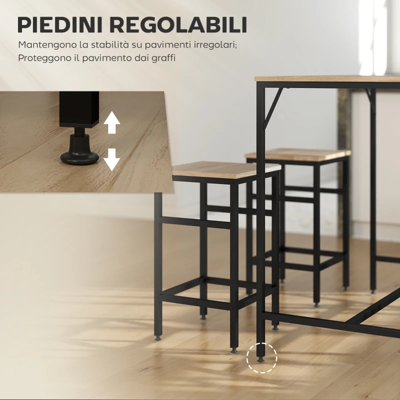 HOMCOM Set Tavolo Alto con 4 Sgabelli Stile Industriale in Metallo e Legno, Rovere Chiaro