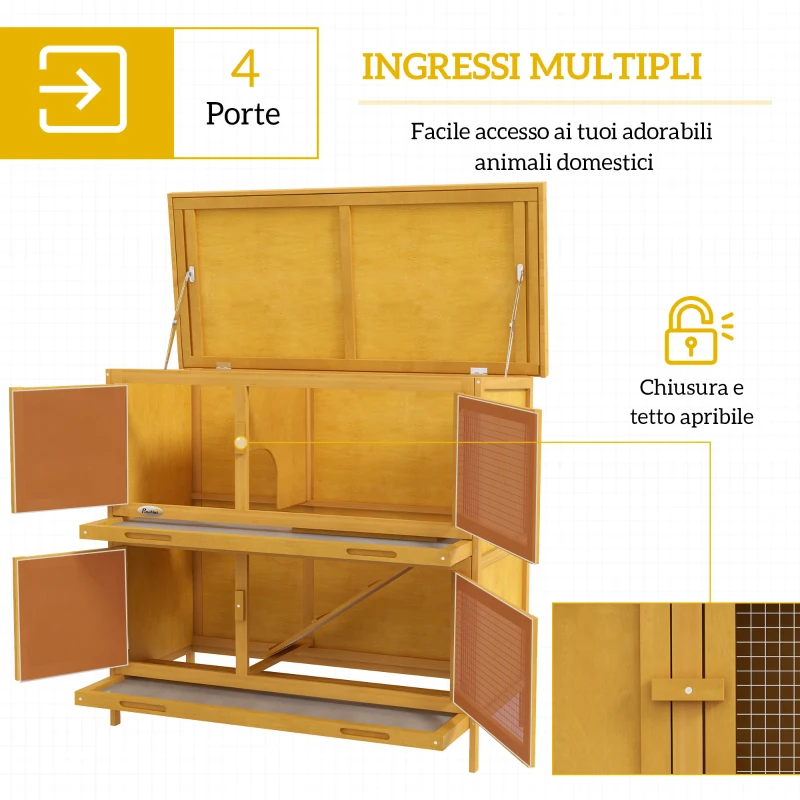 PawHut Conigliera a 2 Livelli in Legno di Abete e Bitume con Rampa, 2 Vassoi Estraibili 4 Porte, 97x44x91 cm, Giallo