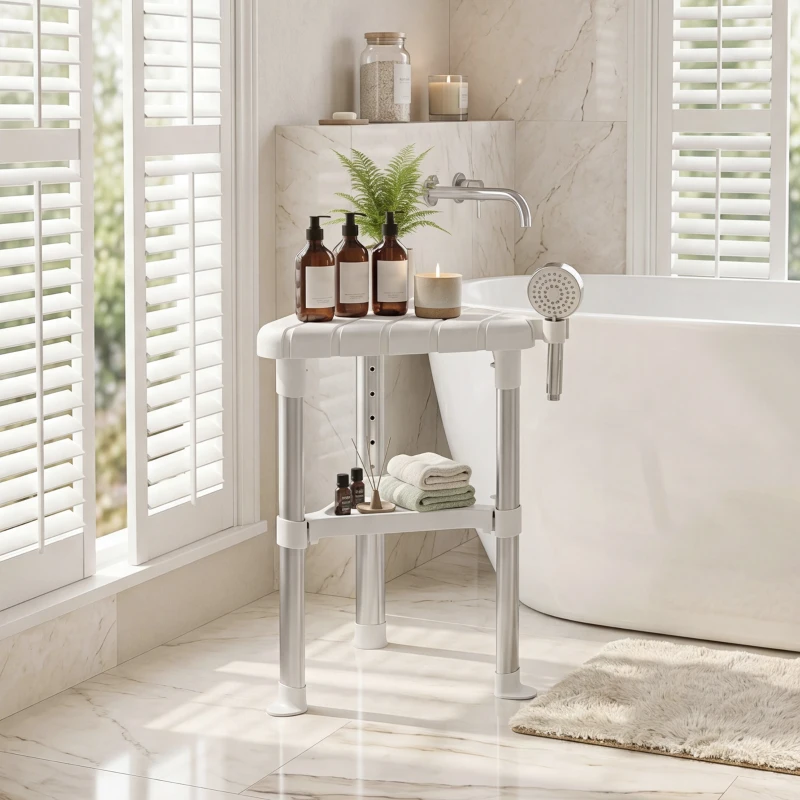 HOMCOM Shower Stool, Aluminium Alloy Corner Shower Chair with Storage Shelf and HDPE Seat, Adjustable Height, White