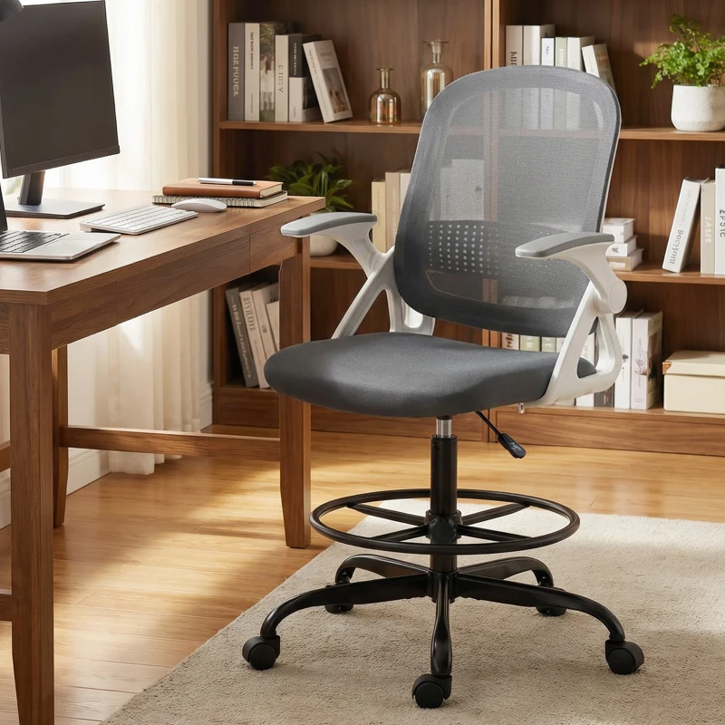 HOMCOM Silla de Escritorio de Malla Silla de Dibujo con Reposabrazos Abatibles Altura Ajustable Reposapiés Gris