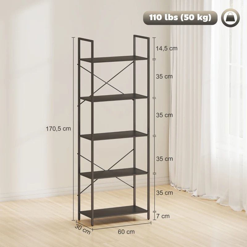 HOMCOM Bücherregal, Standregal mit 5 Ebenen, Industrielles Büroregal mit Metallrahmen, offenes Aufbewahrungsregal für Wohnzimmer, Büro, Arbeitszimmer, 60x30x170,5 cm, Schwarz