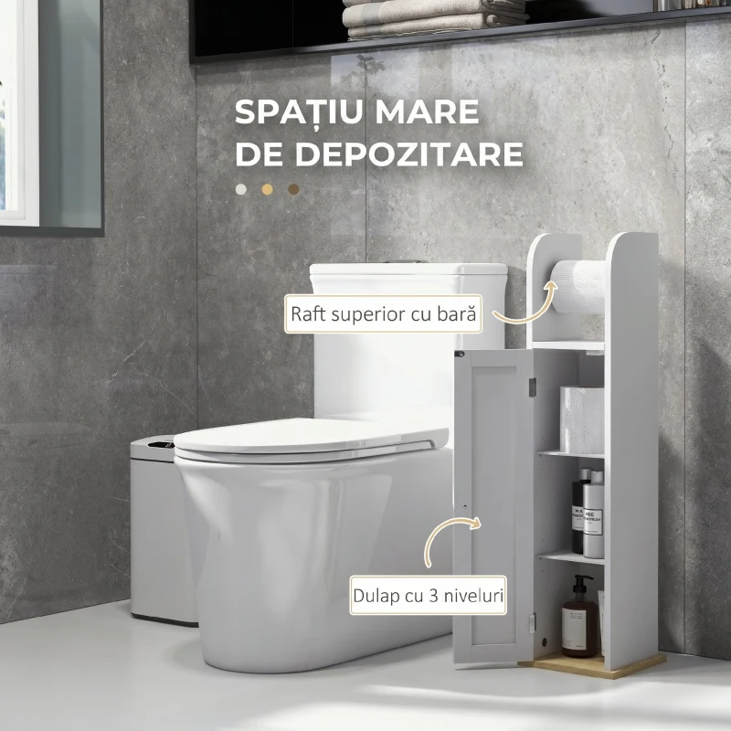 kleankin Dulap Baie Slim cu Suport Hârtie Igienică pentru Spălătorie, Modern, Rafturi Reglabile, MDF, Alb