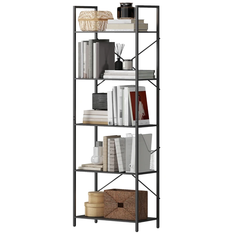 HOMCOM Bücherregal, Standregal mit 5 Ebenen, Industrielles Büroregal mit Metallrahmen, offenes Aufbewahrungsregal für Wohnzimmer, Büro, Arbeitszimmer, 60x30x170,5 cm, Schwarz