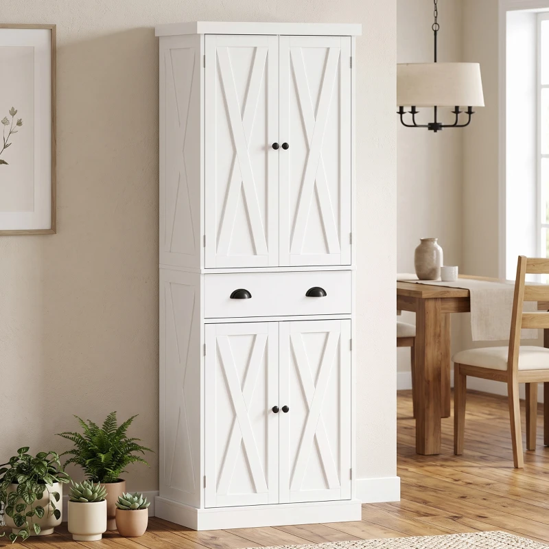 HOMCOM Armário Alto de Cozinha Armário de Cozinha com 4 Portas Gaveta e Prateleiras Ajustáveis Estilo Rústico 62x38x173 cm Branco