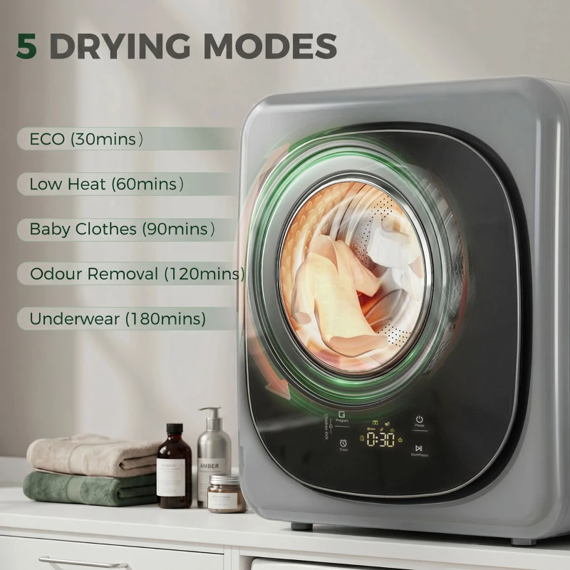 HOMCOM 4kg Vented Tumble Dryer with 5 Drying Mode, 800W Compact Freestanding Front Tumble Dryer, Silver