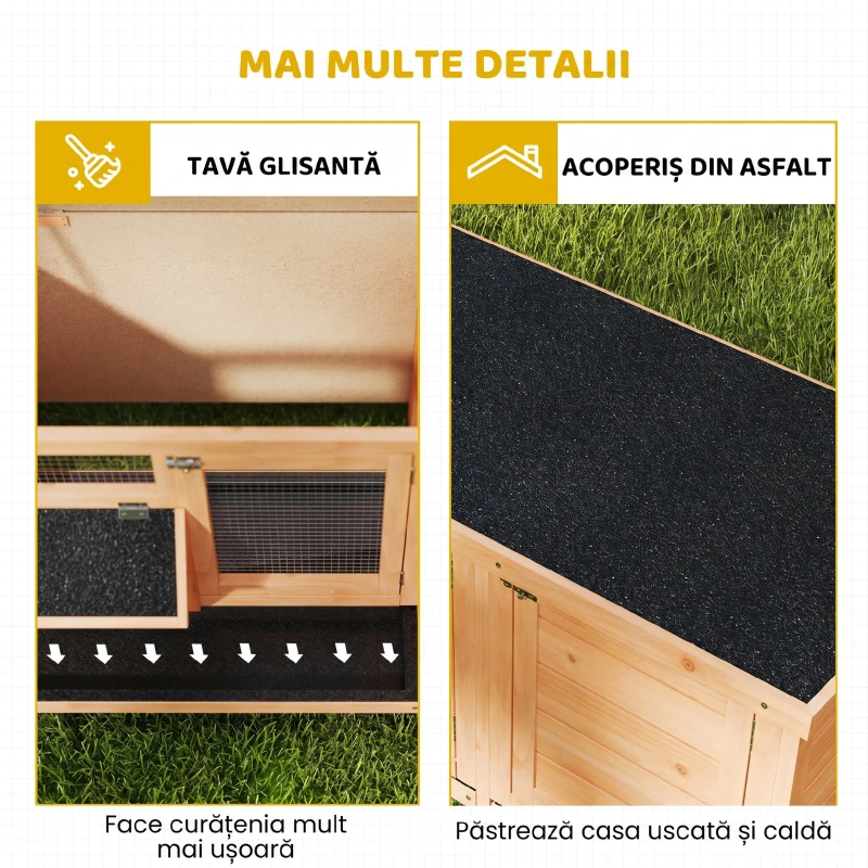 PawHut Cușcă din Lemn pentru Iepuri de Exterior cu Acoperiș din Asfalt, Căsuță, Tăvițe și Hrănitor, 112x50x54 cm, Galbenă