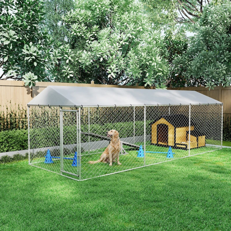 PawHut Recinto per Cani da Esterno con Rete Zincata e Serratura, in Acciaio e Tessuto Oxford, 6x2.3x2 m, Argento