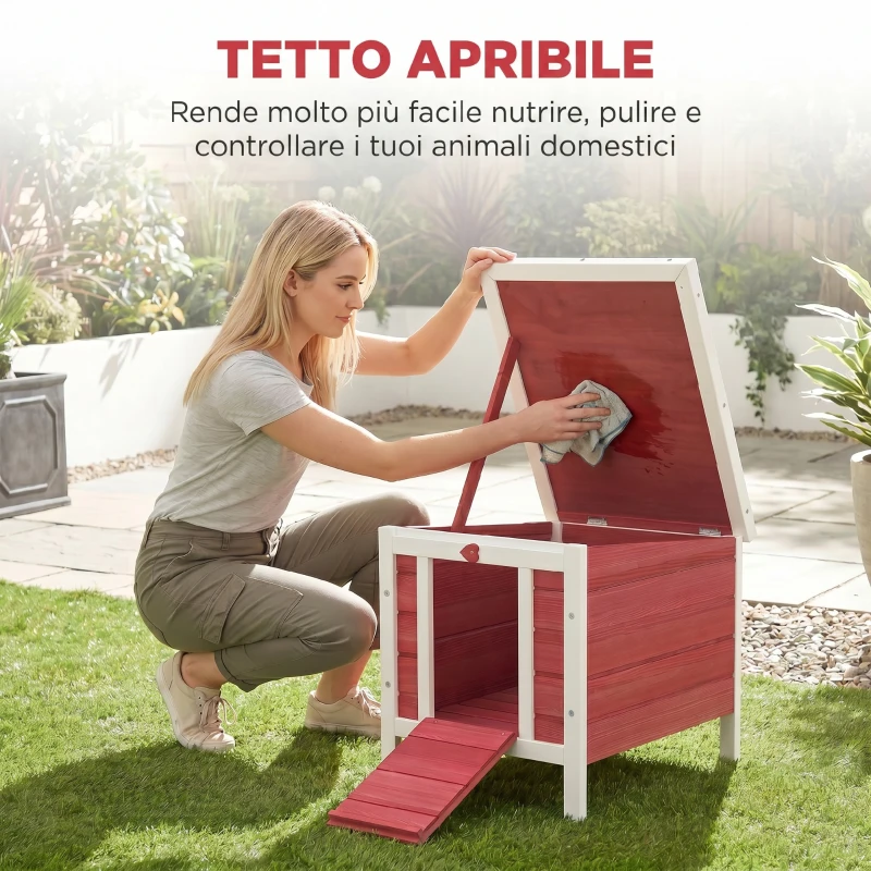 PawHut Conigliera in Legno con Tetto Apribile in Asfalto, Rampa Antiscivolo, 51x42x43 cm, Rosso