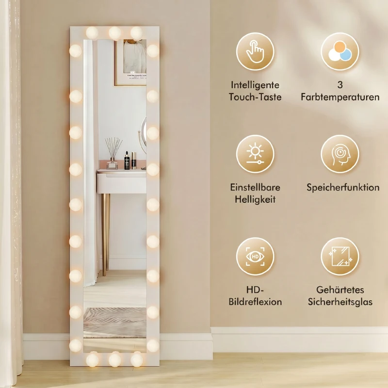HOMCOM Ganzkörperspiegel 150x40 cm LED Spiegel mit 24 Glühbirnen 3 Lichtfarbe, freistehend oder anlehnbar Weiß