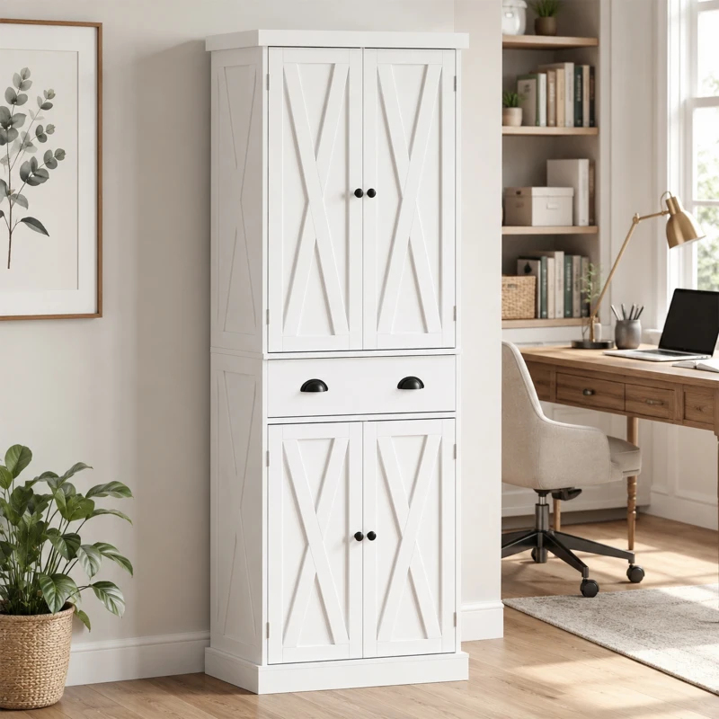 HOMCOM Armário Alto de Cozinha Armário de Cozinha com 4 Portas Gaveta e Prateleiras Ajustáveis Estilo Rústico 62x38x173 cm Branco