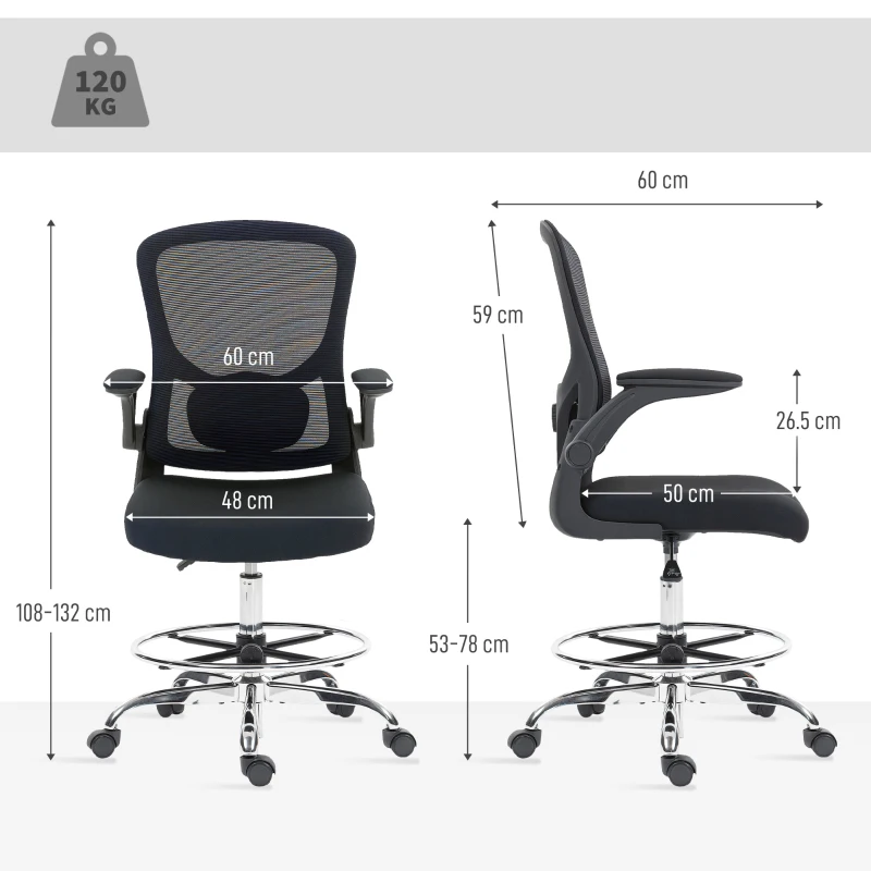 HOMCOM Zeichenstuhl mit Lendenstütze, höhenverstellbar, drehbar, für Homeoffice, Studio, Kunstprojekte, Schwarz