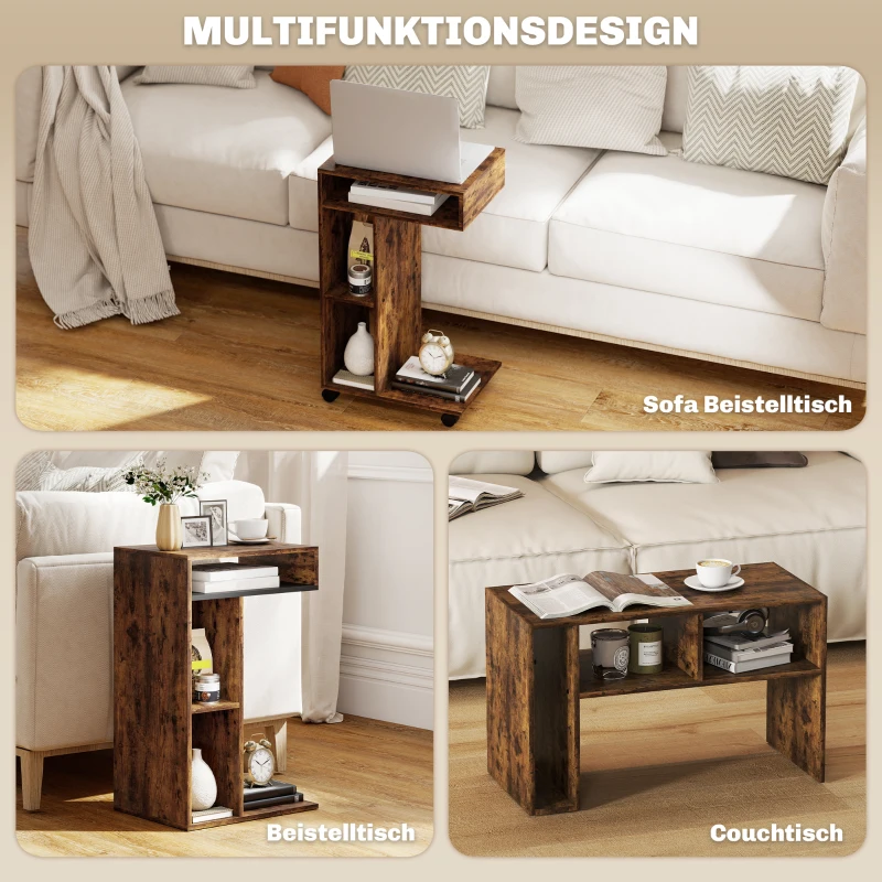 HOMCOM Beistelltisch, C-förmiger Servierwagen, 4 Rollen, 3 Fächer, 40 x 30 x 69 cm, Rustikal-Braun